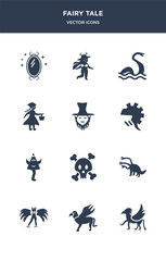 12 fairy tale vector icons such as griffin, gryphon, harpy, hydra, jolly roger contains karakasakozou, knight, leprechaun, little  riding hood, loch ness monster, madre monte icons