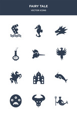 12 fairy tale vector icons such as merman, minotaur, monster, narwhal, palace contains pegasus, phoenix, pinocchio, potion, quetzalcoatl, seahorses icons