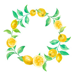 レモンと葉の丸フレーム　水彩イラスト