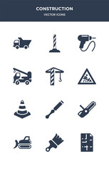 12 construction vector icons such as print, brush, bulldozer, chainsaw, chisel contains cone, construction, crane, crane truck, drill, driller icons