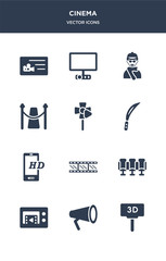 12 cinema vector icons such as movie billboard, movie film, movie player, theater, negative film contains online machete, play, premiere, producer, projector screen icons