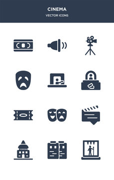 12 cinema vector icons such as stage, storyboard, studio, subtitle, theatre contains ticket, ticket office, ticket window, tragedy, tripod, ventriloquist icons