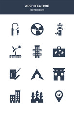 12 architecture vector icons such as airport, angkor wat, apartments, arc de triomphe, arch contains architecture, baggage, balcony, beach, voyage, beach ball icons