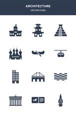 12 architecture vector icons such as big ben, boarding pass, brandenburg, brickwall, bridge contains building, cable car, canoe, cathedral of saint basil, chichen itza, chinese temple icons