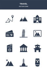 12 travel vector icons such as moais, monument, mountain, pagoda, parthenon contains passport, photo, pisa, plane ticket, police station, pyramids icons