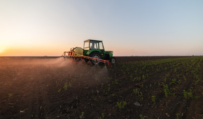 Fototapeta premium Tractor spraying pesticides at soy bean field