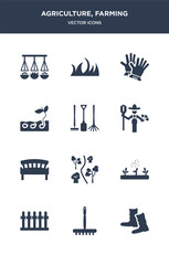 12 agriculture, farming vector icons such as farmer boots, farming fork, fence, fertilizer, garden contains garden bench, gardener, gardening tools, germination, gloves, grass icons