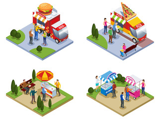 Four Isometric Street Fast food Compositions