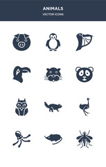 12 animals vector icons such as mosquito, mouse, octopus, ostrich, otter contains owl, panda bear, panther, parrot, pelican, penguin icons