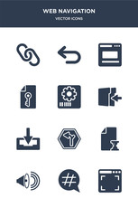 12 web navigation vector icons such as full screen, hashtag, high volume, history, horizontal alignment contains inbox, insert, items, key, layout, left arrow icons