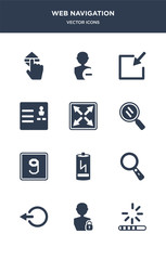 Fototapeta premium 12 web navigation vector icons such as loading, login, , loupe, low battery contains lowercase, magnifying glass, maximize, menu, minimize, minus icons