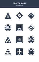 12 traffic signs vector icons such as ahead only, airport, barrier, bicycle, biological hazard contains bridge road, bump, bus stop, caravan, circular intersection, steep descent icons