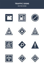 12 traffic signs vector icons such as crossroad, curves, cycle lane, danger, degree curve road contains end motorway, end of way, falling rocks, fire, forbidden, gas station icons
