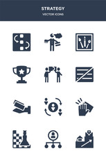 12 strategy vector icons such as career ladder, ceo, chess board, clap, collaboration contains commission, comparison, cooperation, cup, de, entrepreneur icons