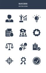 Obraz premium 12 success vector icons such as accept, achievement, aim, approval, attitude contains balance, best, brainstorm, budget, bulb, businessman and strategy icons
