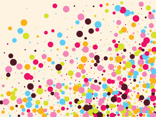 Festive background with multicolored confetti. Yellow, pink, blue circles but against a white background. Flying confetti.