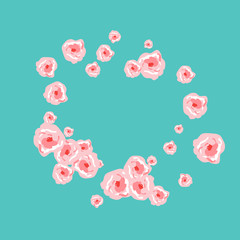 Floral Summer Poster With Pink Roses On A Blue Background. Romantic Background With Roses For Wedding And Greeting For Valentine's Day.