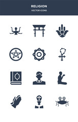 12 religion vector icons such as pastafarianism, pope, pray, prayer, priest contains quran, rosary, rub el hizb, satanism, semitic neopaganism, shinto icons
