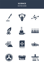 Fototapeta premium 12 science vector icons such as newton, nixie, radioactivity, refraction, science book contains scientific, tubes, volumetric flask, biology, cells, chemistry icons