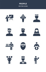 12 people vector icons such as acting class, airplane pilot, angry man, baby, bald man face with beard and sunglasses contains barman, bishop face, boy face, boy with glasses, boy with headband,