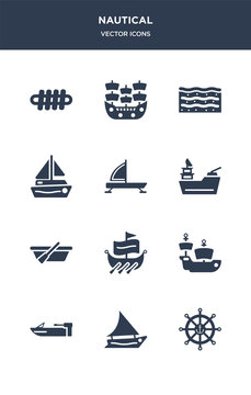 12 nautical vector icons such as marine, felucca, motorboat, caravel, trireme contains skiff, gunboat, iceboat, scow, salt water, pirate ship icons