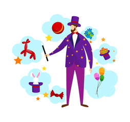 Magician Wearing Costume and Top Hat Holding Wand.