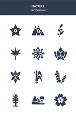 12 nature vector icons such as knapweed, landscape, larch, lavender, lemongrass contains lily, lotus, magnolia, maple, mimosa, mountains icons
