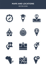 12 maps and locations vector icons such as add location, add to map, africa, airport pin, arrow on map contains bank pin, building pin, center, church, club location, product positioning icons