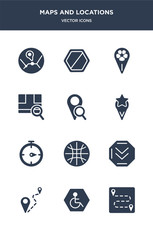 12 maps and locations vector icons such as compass, destination, disabled, distance, down chevron contains earth grid, east, favorite place, find location, find on map, football field pin icons
