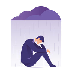 businessman feeling sad and depression sitting under rain and cloud, young worker feeling blue and stress, sad and depression for young people concept vector illustration