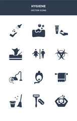 12 hygiene vector icons such as hair washing, razor, sanitary, towel, urinal contains vacuum, virus, wc, wipes, shaving gel, soap bar icons