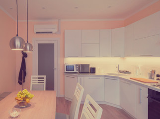 Interior. Kitchen modern, white, gray, beige color