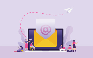 newsletter and marketing email concept vector illustration, people accept newsletter or marketing email in their devices, laptop with big envelope as email in their inbox