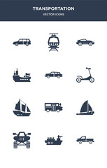 12 transportation vector icons such as pickup, pt boat, quad, sailboat, school bus contains schooner, scooter, sedan, ship, sport car, subway icons