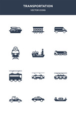 12 transportation vector icons such as tanker, taxi, tow truck, train, tramway contains trolleybus, truck, tugboat, underground, van, wagon icons