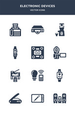 12 electronic devices vector icons such as speakers, graphic tablet, scanner, smartband, smart light contains copy machine, video recorder, weighing, activity tracker, cold-pressed juicer, dvd
