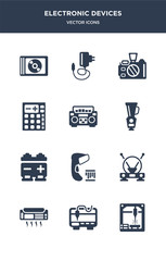 12 electronic devices vector icons such as laser machine, 3d printer, air conditioner, antenna, barcode scanner contains battery, blender, boombox, calculator, camera, charger icons