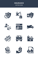 12 insurance vector icons such as mortgage, protection, retirement, savings, total loss contains replacement value, beneficiary, actual cash value, legal expenses, bank safe, construction risk icons