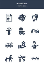 12 insurance vector icons such as accident, air travel insurance, bite, broken arm, building insurance contains burning car, car cargo child, coffin, long term protection icons