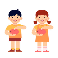 kids put coins into piggy banks, vector illustration kids saving money