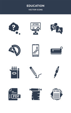 12 education vector icons such as paper, parchment, pdf, pen, pencil contains pencil box, pencil case, progress, protractor, qa, qualification icons