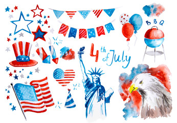 independence day of the usa set of symbol stickers hand drawn watercolor illustration with clipping path isolated on white