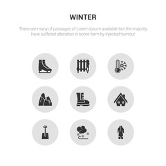 9 round vector icons such as snowsuit, winter, winter shovel, winter cabin, boots contains snowy mountain, cold, heater, ice skate. snowsuit, icon3_, gray icons