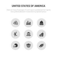 9 round vector icons such as rugby ball, usa shield, rugby helmet, fast food, washington contains american football, capitol, cityscape, dollar. rugby ball, usa shield, icon3_, gray united states of