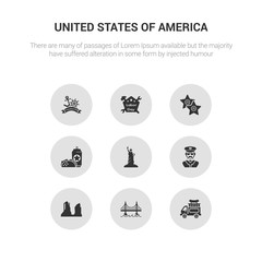 9 round vector icons such as food truck, golden gate, grand canyon, sheriff, statue of liberty contains taco, walk of fame, labor day, columbus day. food truck, golden gate, icon3_, gray united