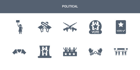 10 political vector icons such as protest, slavery, supporter, uncle sam hat, unity contains vote, vote badge for political elections, war, weapons, women rights. political icons