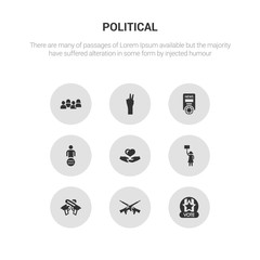 9 round vector icons such as vote badge for political elections, war, weapons, women rights, charity contains human rights, news, peace, people. vote badge for political elections, war, icon3_, gray