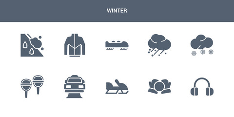 10 winter vector icons such as earmuffs, snow ball, snowmobile, snowplow, snowshoes contains snowy, hail, bobsled, winter clothes, avalanche. winter icons