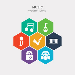 simple set of boy with headphones, long play record cover, seven piano keys, sax icons, contains such as icons bladder pipe, lute, music note black and more. 64x64 pixel perfect. infographics vector