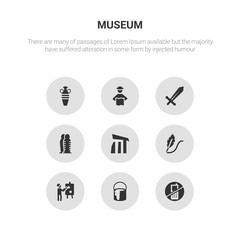 9 round vector icons such as no phone, paint, painting, quill, relics contains sarcophagus, sword, tour, vase. no phone, paint, icon3_, gray museum icons